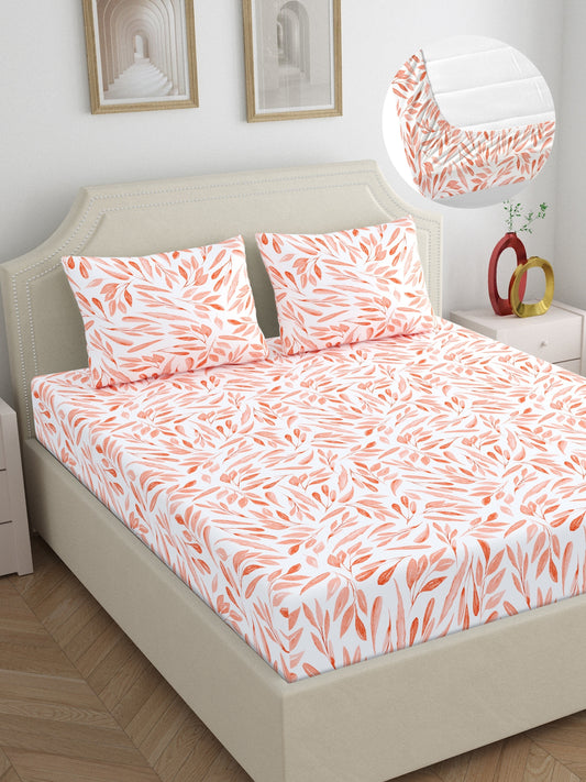 Dreamscape 100% Cotton 140 TC Floral Bedsheet Set - Colour: Peach