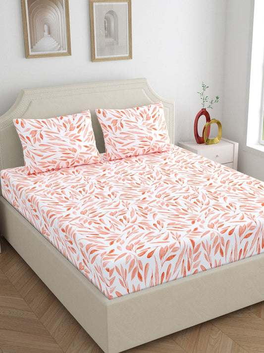 Dreamscape 100% Cotton 140 TC Floral Bedsheet – Regular & Fitted | Peach