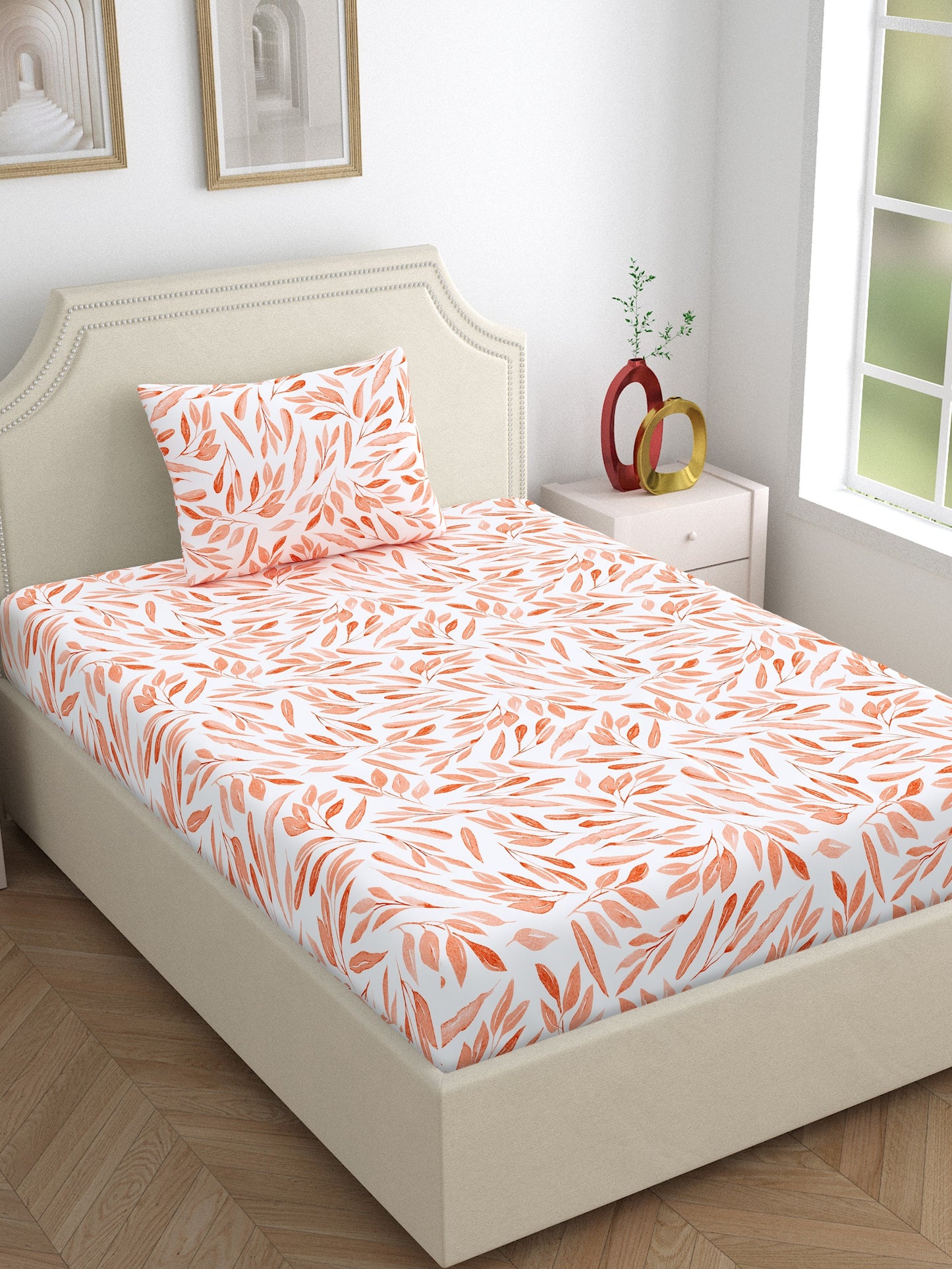 Dreamscape 100% Cotton Floral Bedsheet Set | 140 TC | Peach
