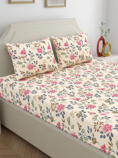 Dreamscape 100% Cotton 140 TC Floral Bedsheet Set - Colour: Pink