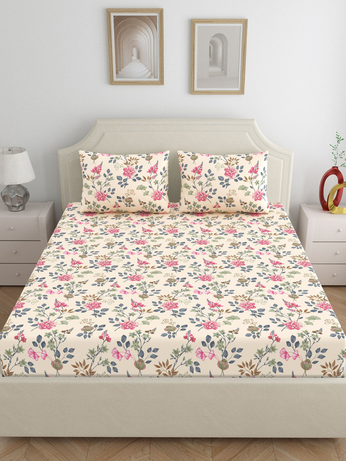 Dreamscape 100% Cotton 140 TC Floral Bedsheet Set - Colour: Pink