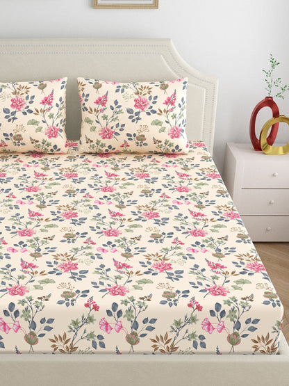 Dreamscape 100% Cotton 140 TC Floral Bedsheet Set - Colour: Pink