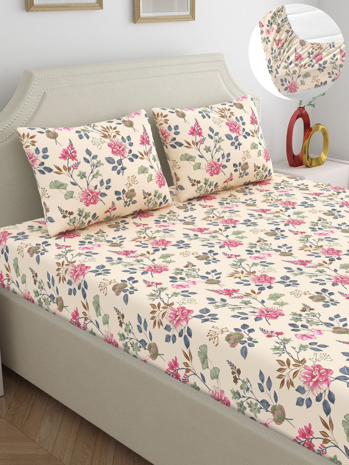 Dreamscape 100% Cotton 140 TC Floral Bedsheet Set - Colour: Pink