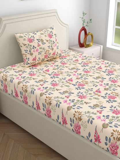 Dreamscape 100% Cotton 140 TC Floral Bedsheet Set - Colour: Pink