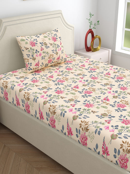 Dreamscape 100% Cotton 140 TC Floral Bedsheet Set - Colour: Pink