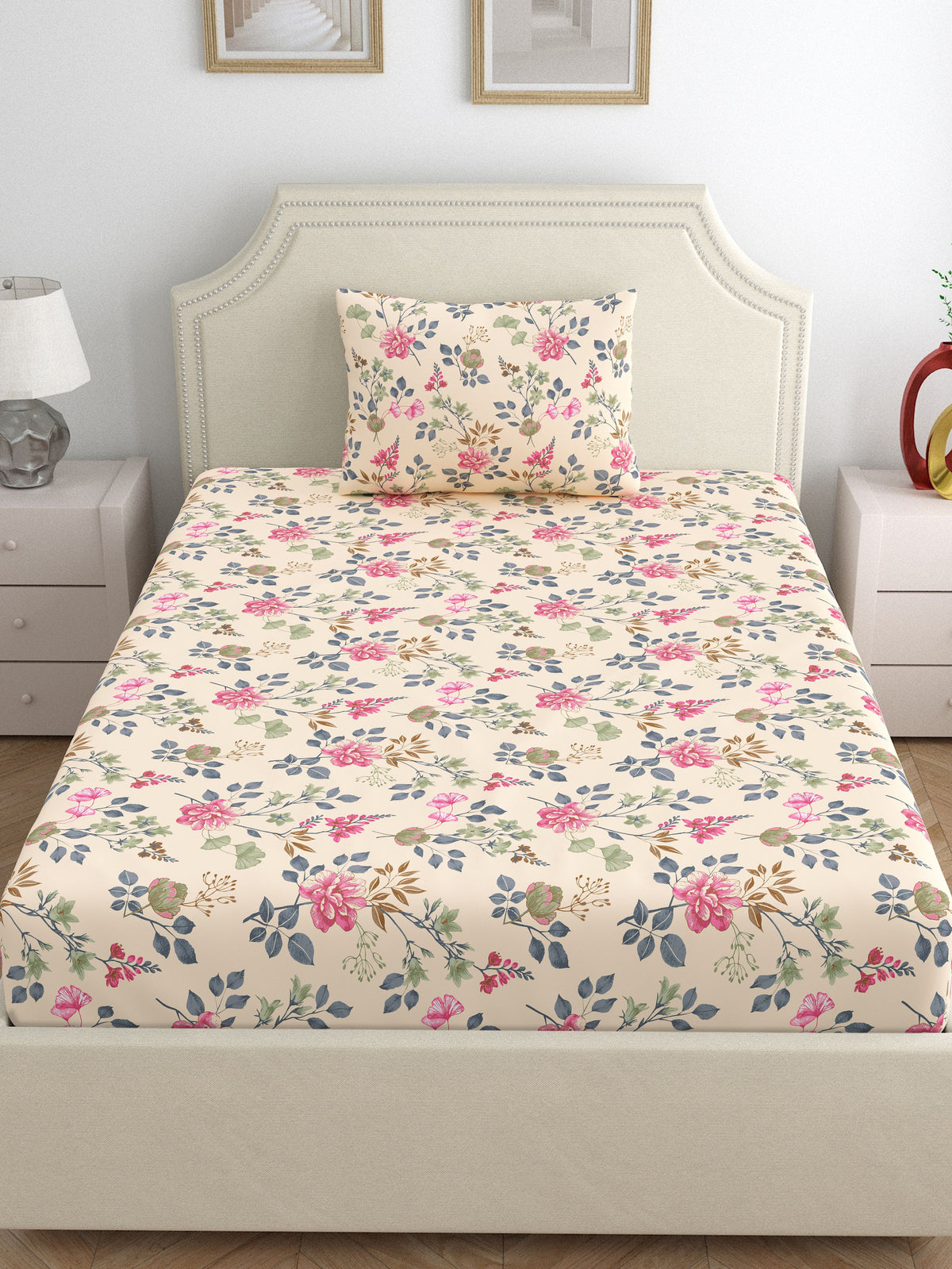 Dreamscape 100% Cotton 140 TC Floral Bedsheet Set - Colour: Pink