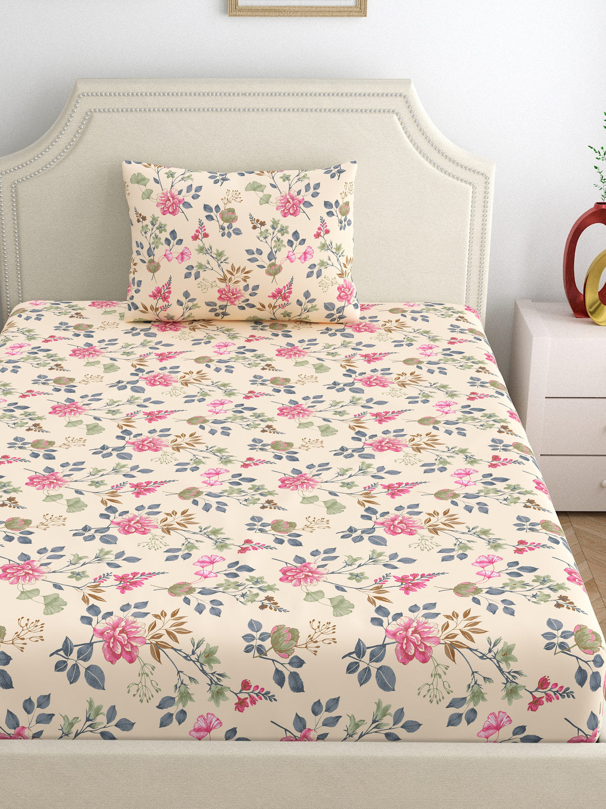 Dreamscape 100% Cotton 140 TC Floral Bedsheet Set - Colour: Pink
