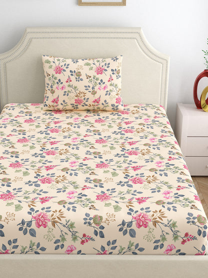 Dreamscape 100% Cotton 140 TC Floral Bedsheet Set - Colour: Pink