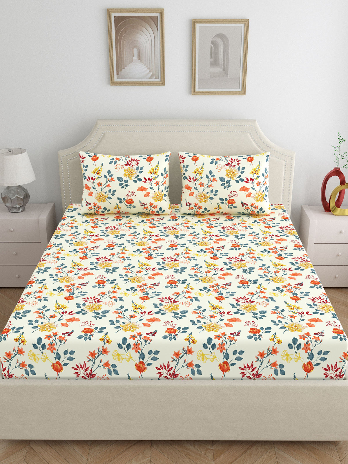 Dreamscape 100% Cotton 140 TC Floral Bedsheet Set - Colour: Cream