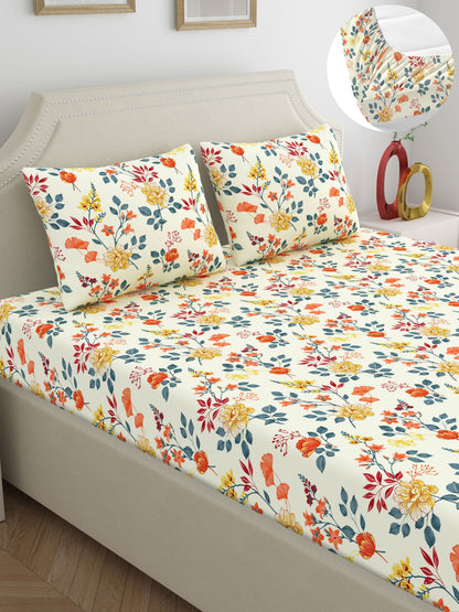 Dreamscape 100% Cotton 140 TC Floral Bedsheet Set - Colour: Cream