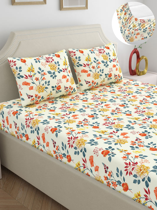 Dreamscape 100% Cotton 140 TC Floral Bedsheet Set - Colour: Cream