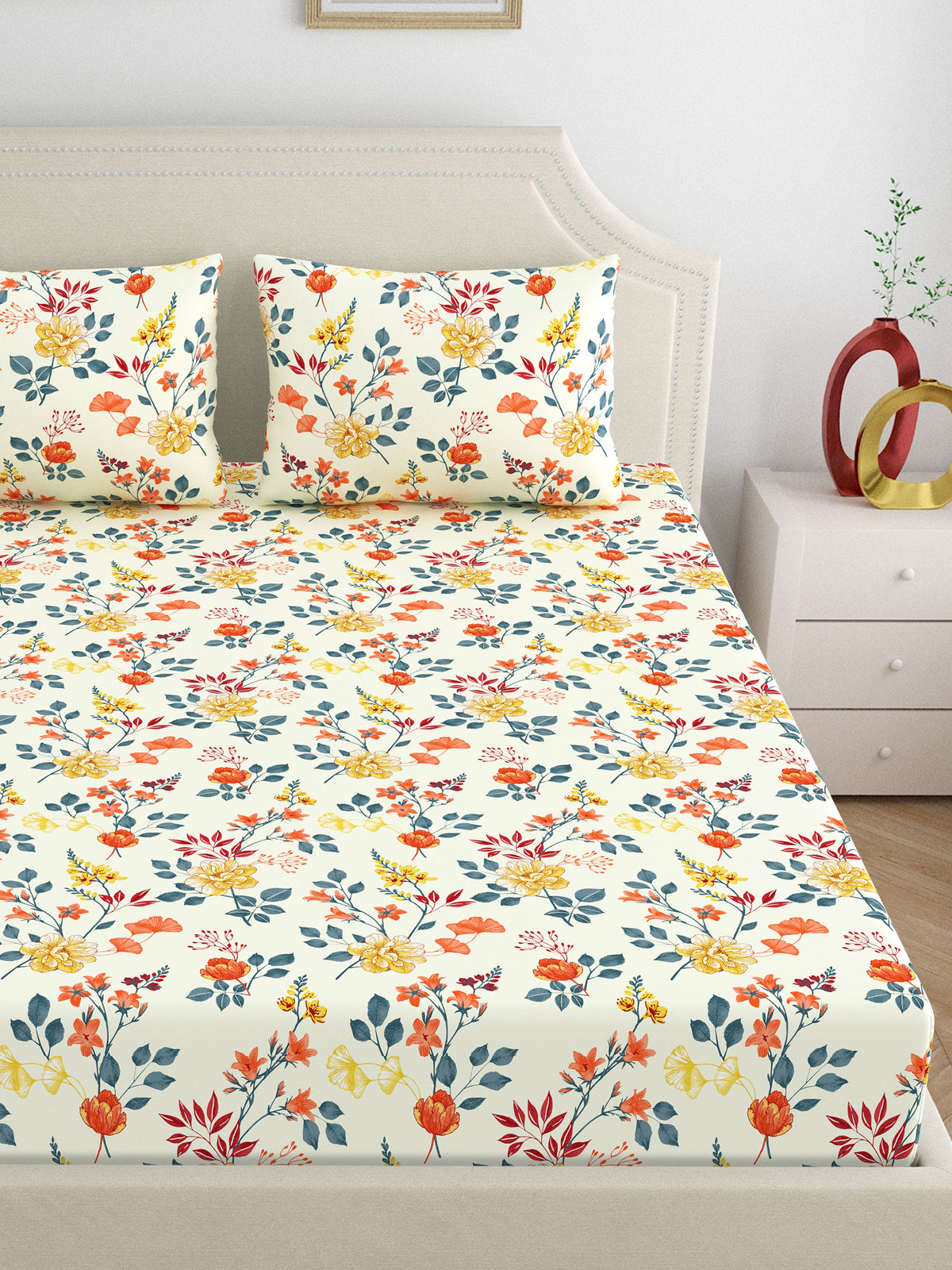 Dreamscape 100% Cotton 140 TC Floral Bedsheet Set - Colour: Cream