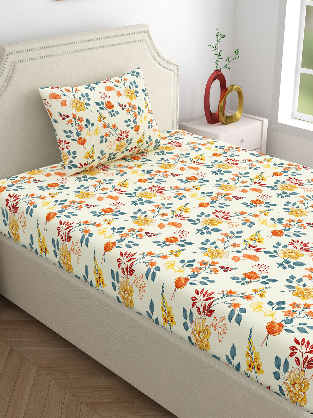 Dreamscape 100% Cotton 140 TC Floral Bedsheet Set - Colour: Cream