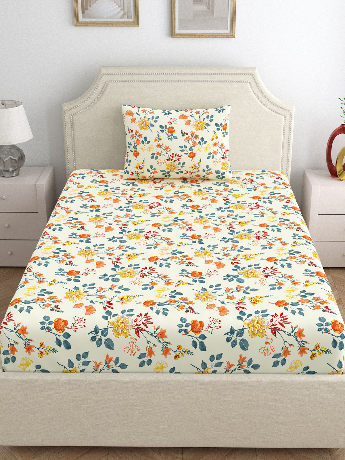 Dreamscape 100% Cotton 140 TC Floral Bedsheet Set - Colour: Cream