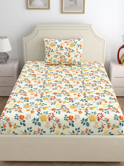 Dreamscape 100% Cotton 140 TC Floral Bedsheet Set - Colour: Cream