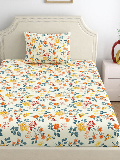 Dreamscape 100% Cotton 140 TC Floral Bedsheet Set - Colour: Cream