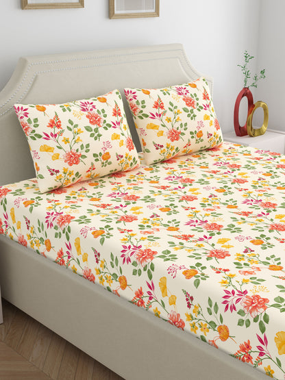 Dreamscape 100% Cotton 140 TC Floral Bedsheet Set - Colour: Beige