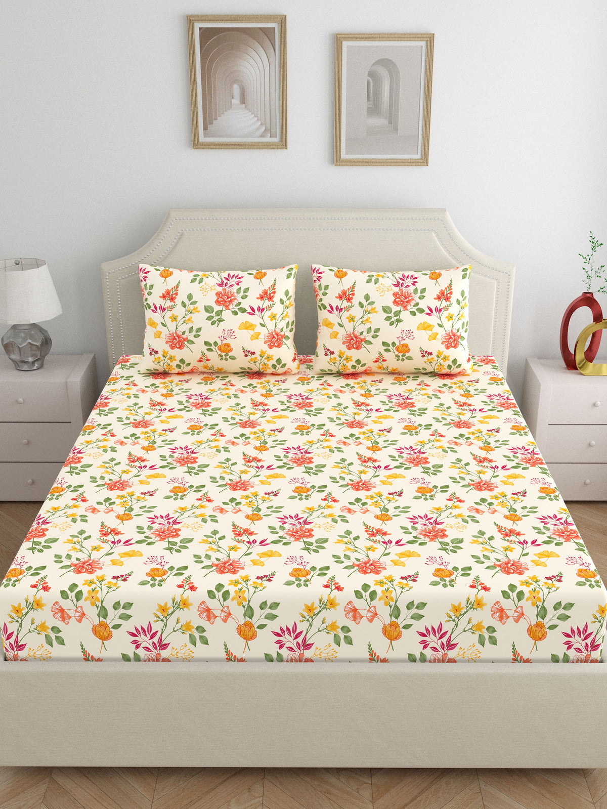 Dreamscape 100% Cotton 140 TC Floral Bedsheet Set - Colour: Beige