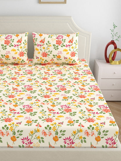 Dreamscape 100% Cotton 140 TC Floral Bedsheet Set - Colour: Beige