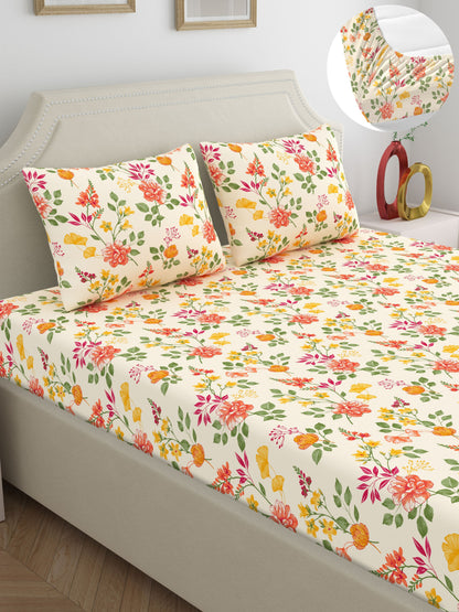 Dreamscape 100% Cotton 140 TC Floral Bedsheet Set - Colour: Beige