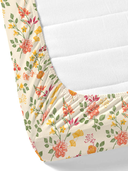 Dreamscape 100% Cotton 140 TC Floral Bedsheet Set - Colour: Beige