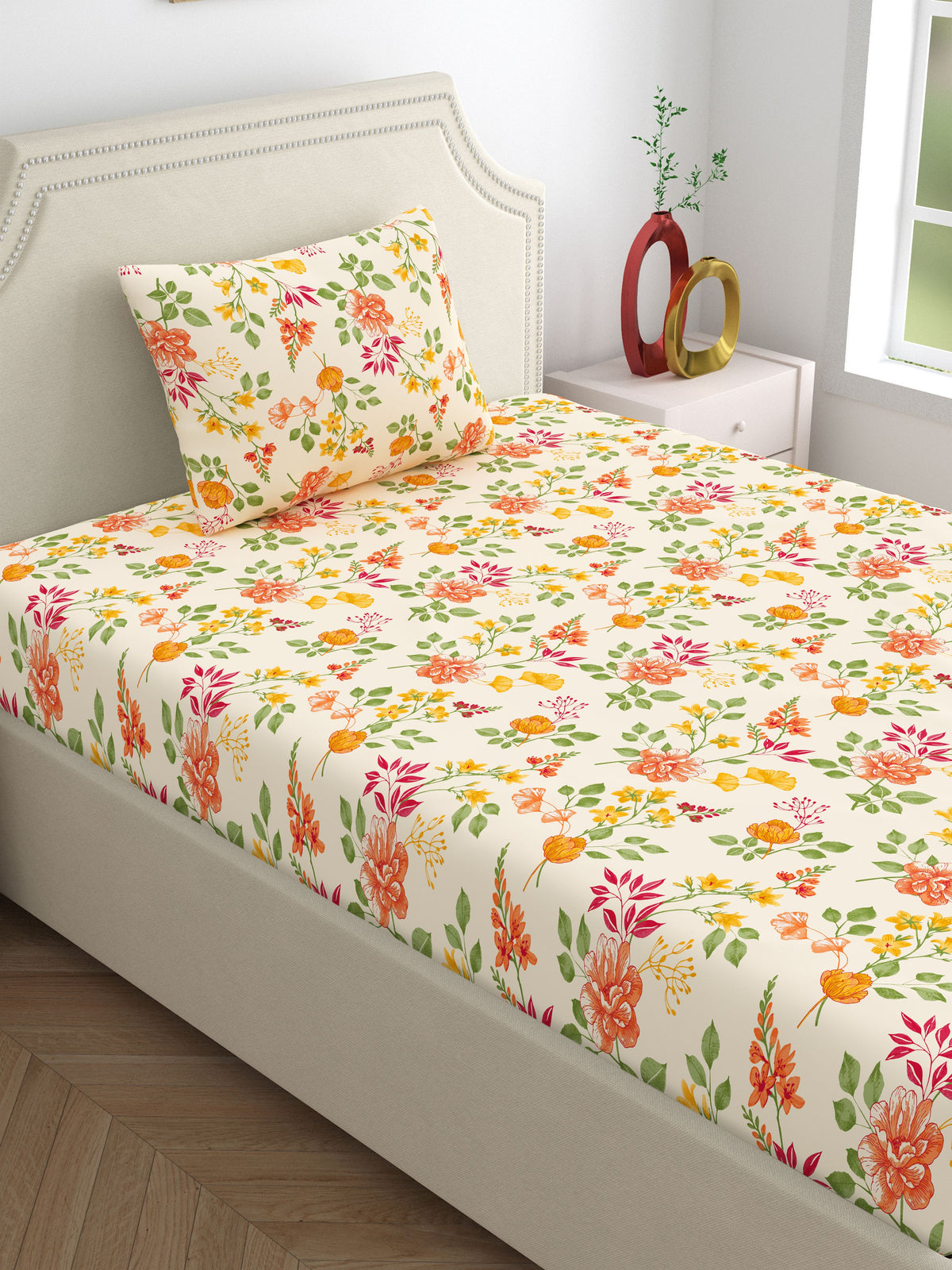 Dreamscape 100% Cotton 140 TC Floral Bedsheet Set - Colour: Beige
