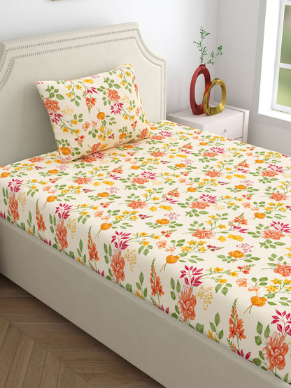 Dreamscape 100% Cotton 140 TC Floral Bedsheet Set - Colour: Beige