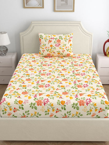 Dreamscape 100% Cotton 140 TC Floral Bedsheet Set - Colour: Beige