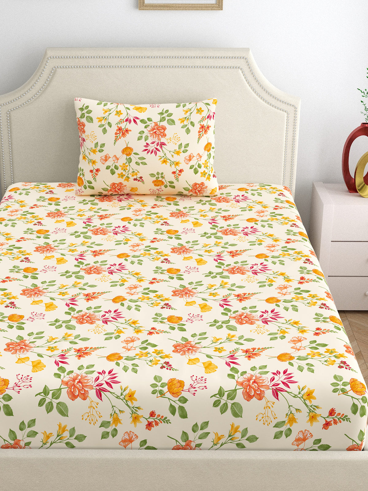 Dreamscape 100% Cotton 140 TC Floral Bedsheet Set - Colour: Beige