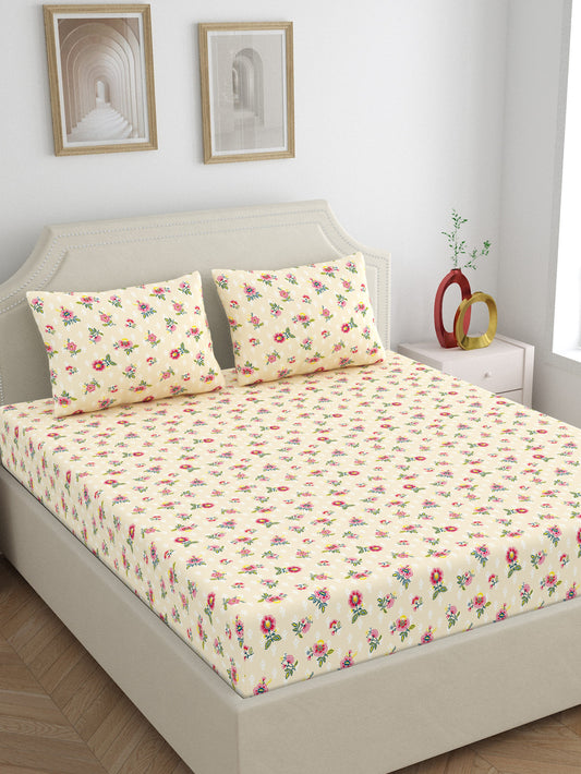 Dreamscape 100% Cotton 140 TC Floral Bedsheet Set - Colour: Beige