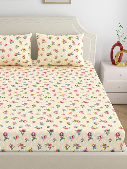 Dreamscape 100% Cotton 140 TC Floral Bedsheet Set - Colour: Beige