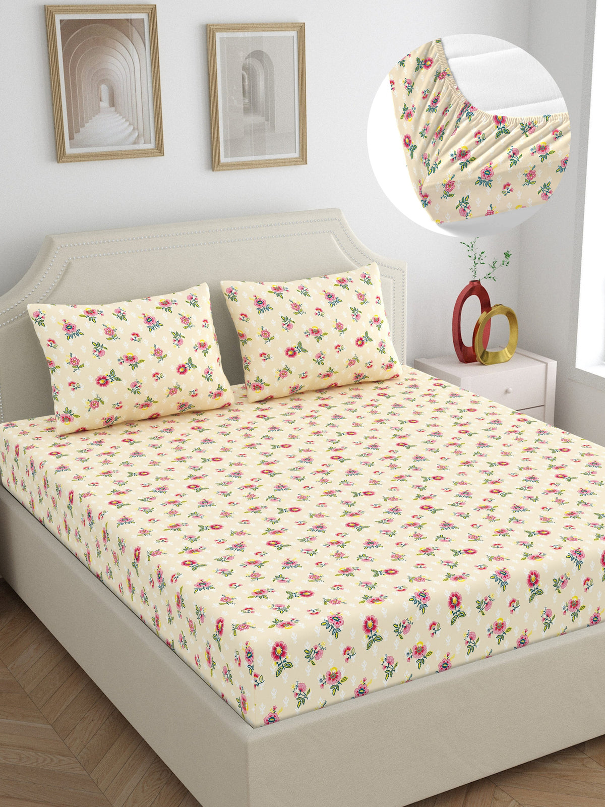 Dreamscape 100% Cotton 140 TC Floral Bedsheet Set - Colour: Beige