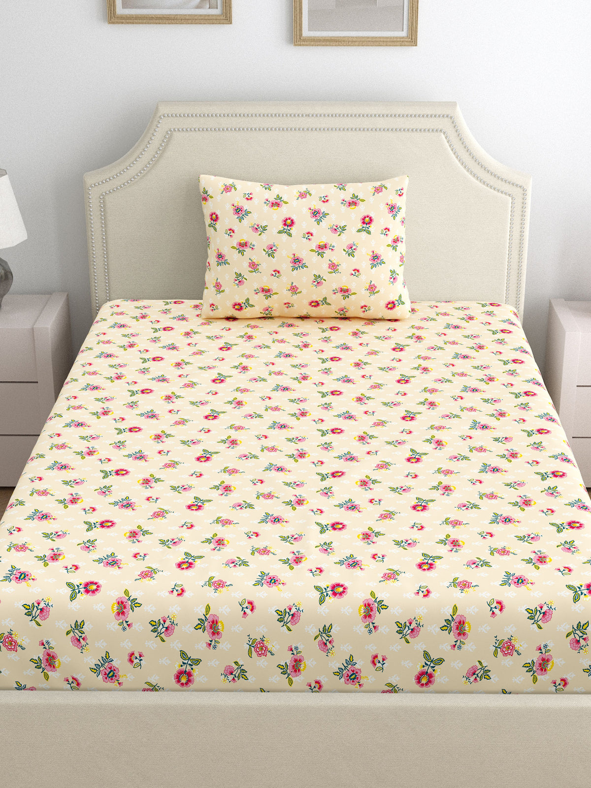 Dreamscape 100% Cotton 140 TC Floral Bedsheet Set - Colour: Beige
