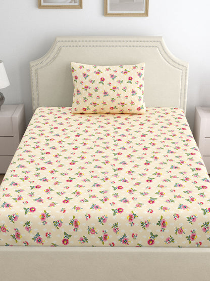 Dreamscape 100% Cotton 140 TC Floral Bedsheet Set - Colour: Beige