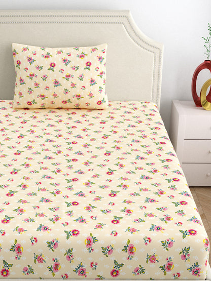 Dreamscape 100% Cotton 140 TC Floral Bedsheet Set - Colour: Beige