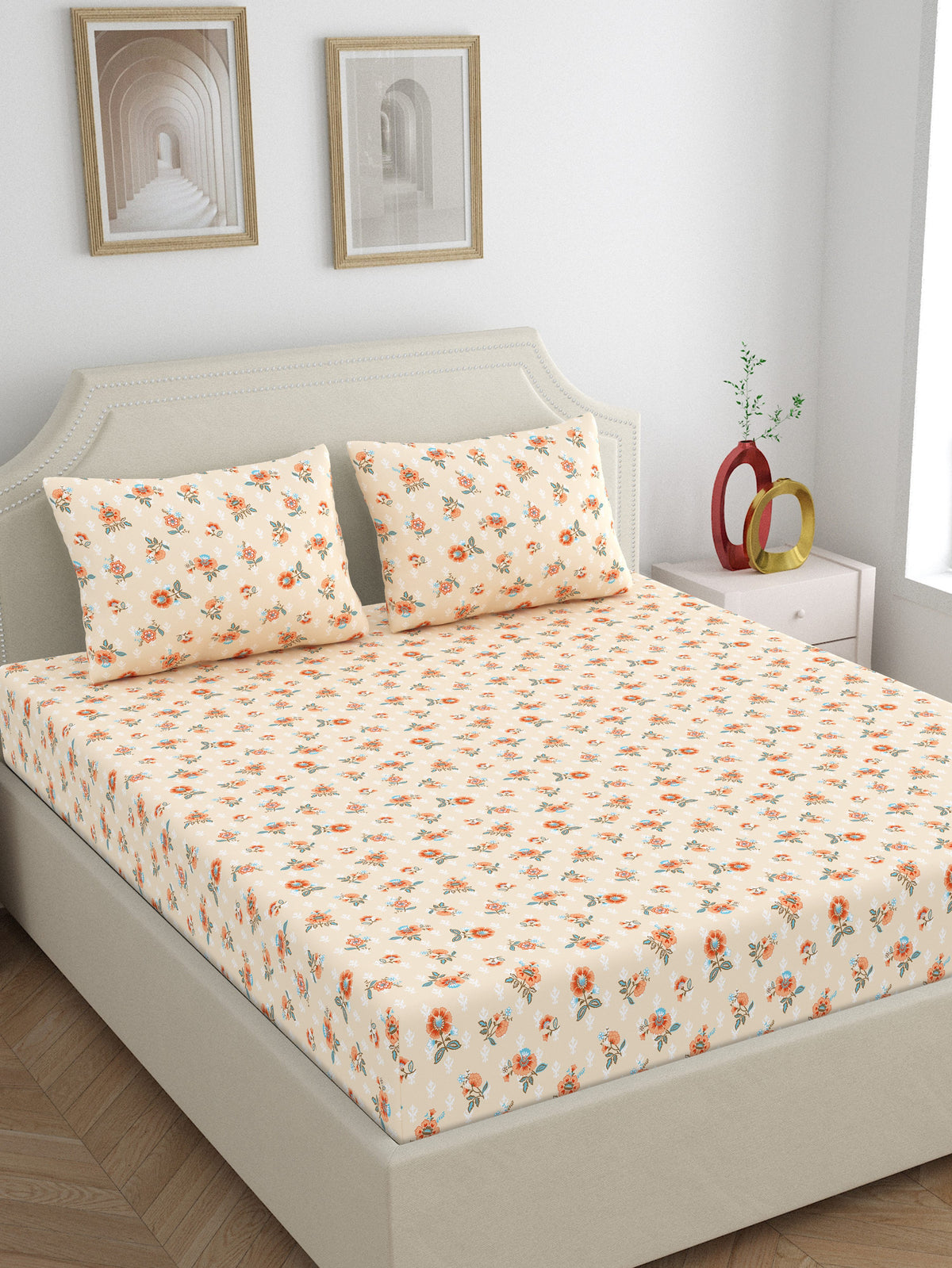 Dreamscape 100% Cotton 140 TC Floral Bedsheet Set - Colour: Pink