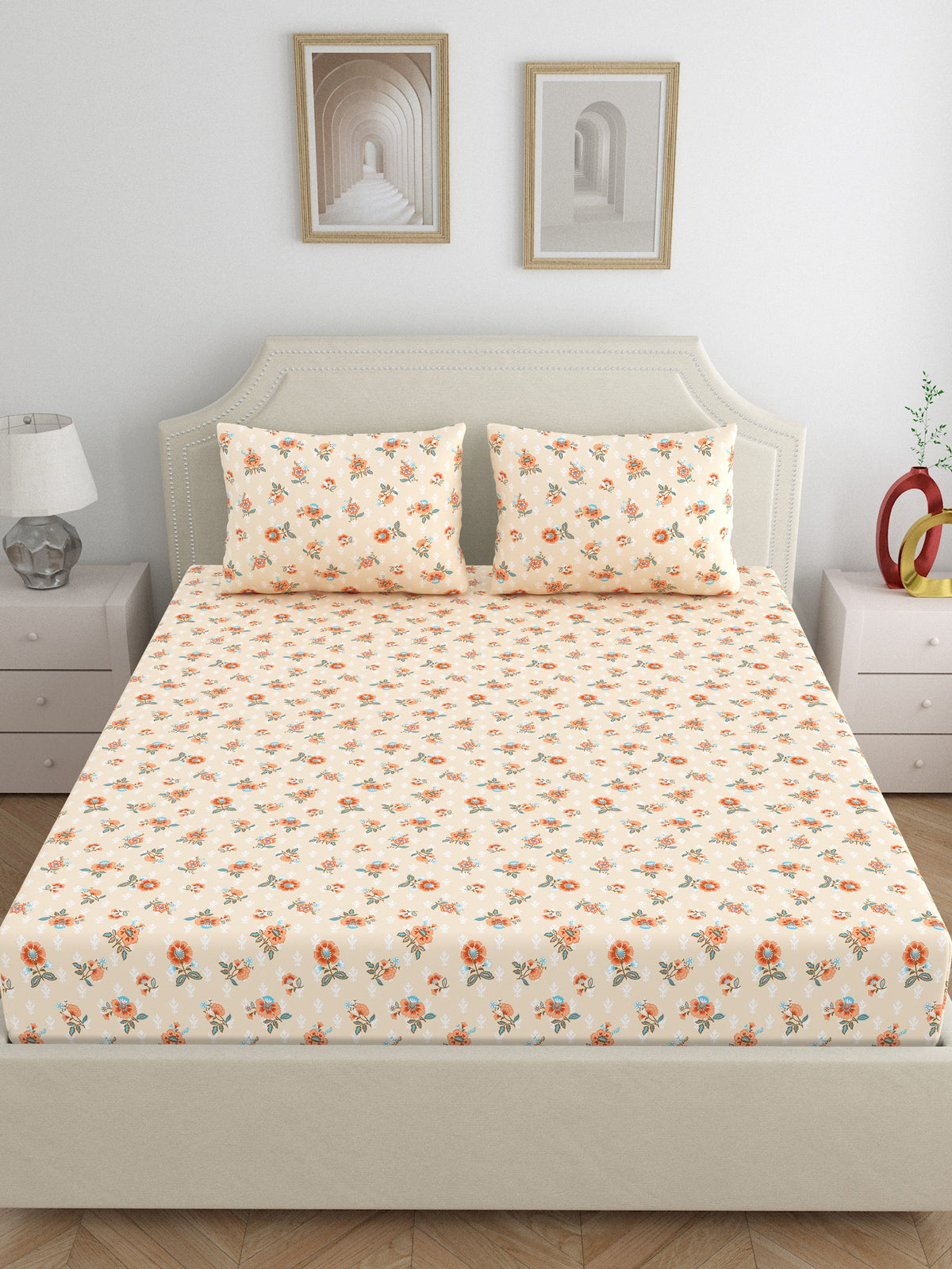Dreamscape 100% Cotton 140 TC Floral Bedsheet Set - Colour: Pink