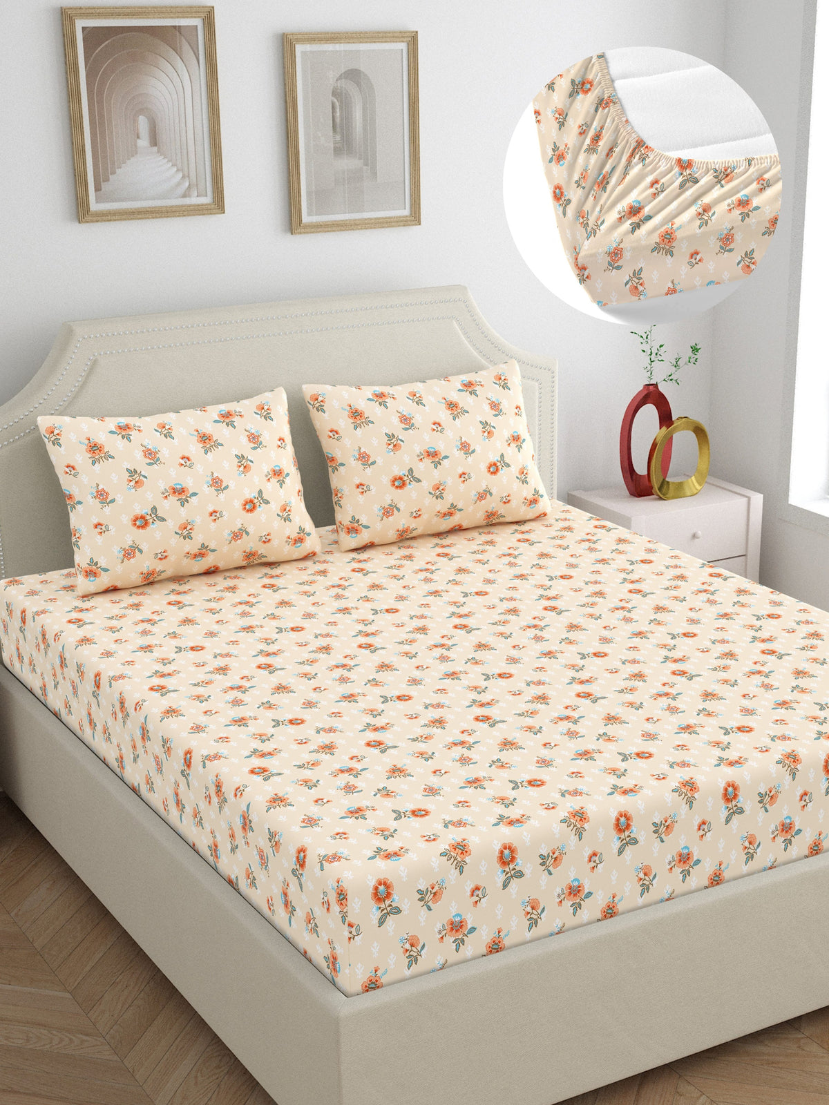 Dreamscape 100% Cotton 140 TC Floral Bedsheet Set - Colour: Pink