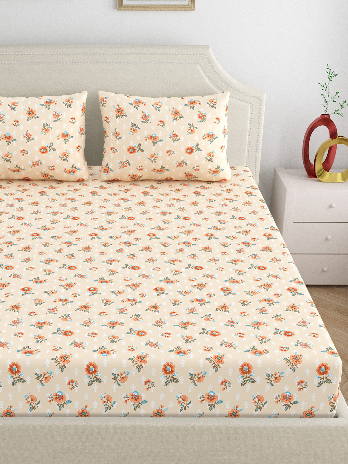 Dreamscape 100% Cotton 140 TC Floral Bedsheet Set - Colour: Pink