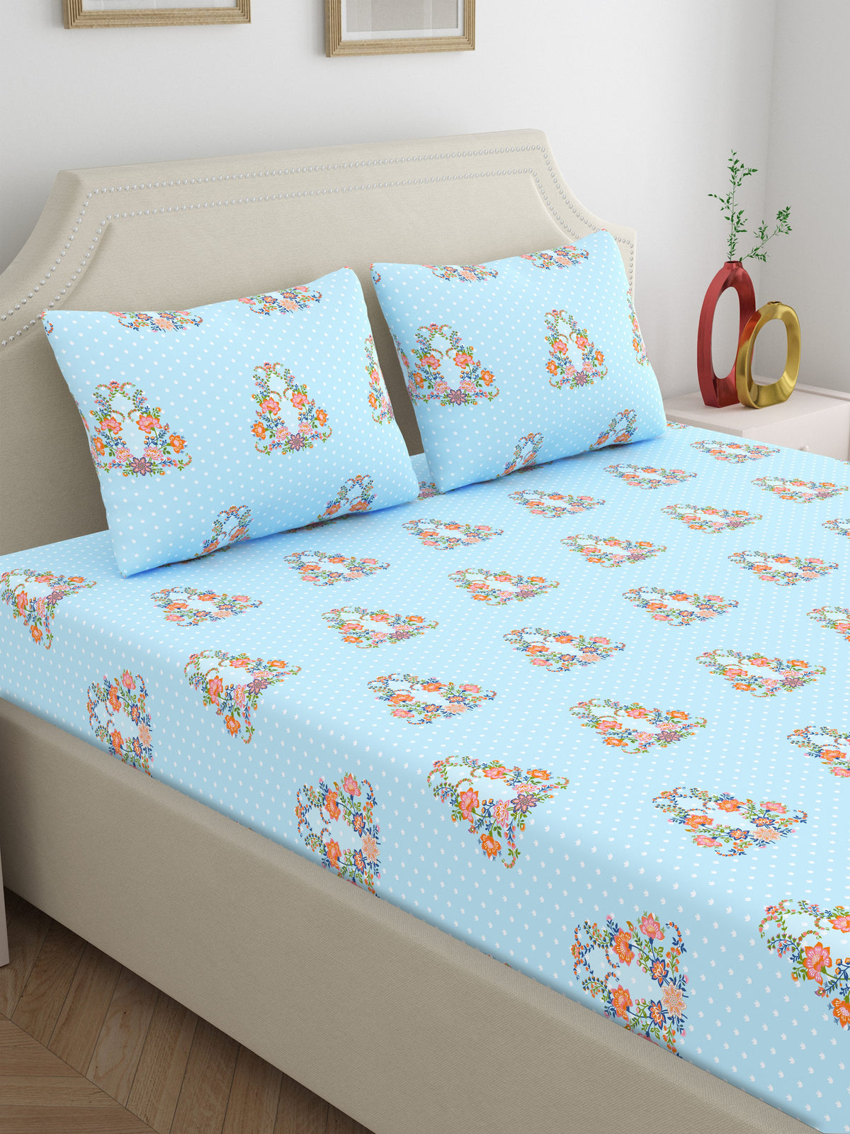 Dreamscape 100% Cotton 140 TC Ethnic Bedsheet Set - Colour: Light Blue