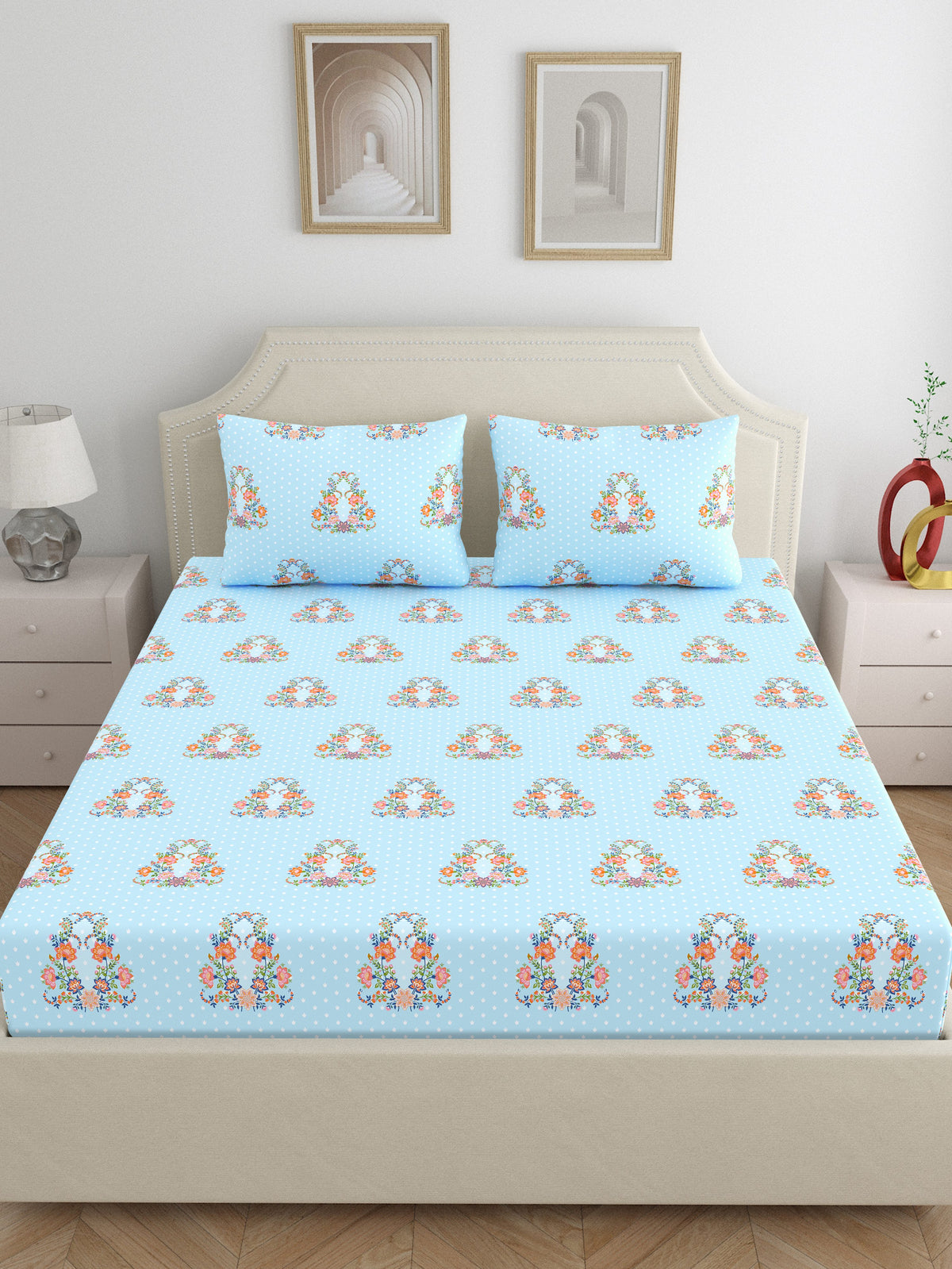 Dreamscape 100% Cotton 140 TC Ethnic Bedsheet Set - Colour: Light Blue