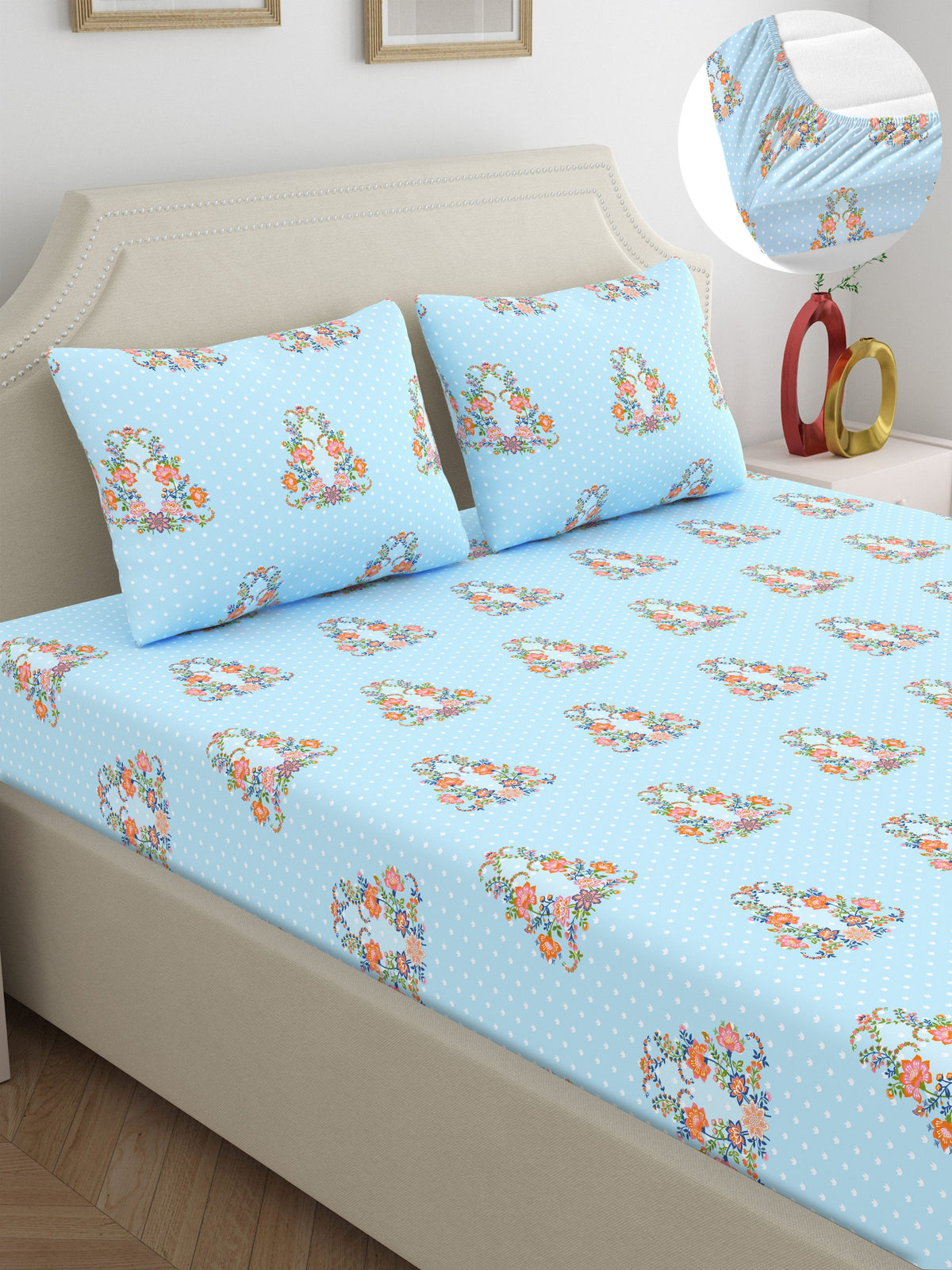 Dreamscape 100% Cotton 140 TC Ethnic Bedsheet Set - Colour: Light Blue