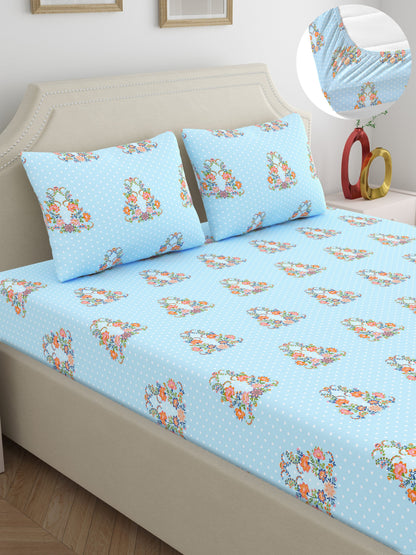 Dreamscape 100% Cotton 140 TC Ethnic Bedsheet Set - Colour: Light Blue