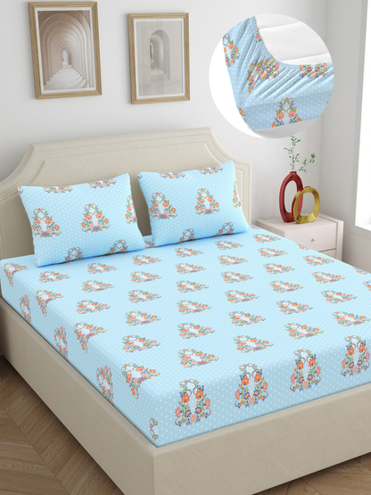 Dreamscape 100% Cotton 140 TC Ethnic Bedsheet Set - Colour: Light Blue