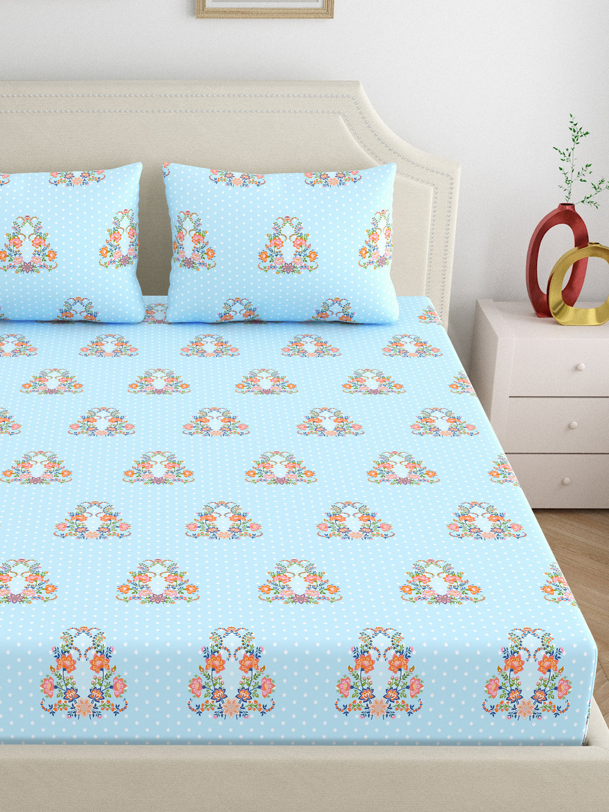 Dreamscape 100% Cotton 140 TC Ethnic Bedsheet Set - Colour: Light Blue