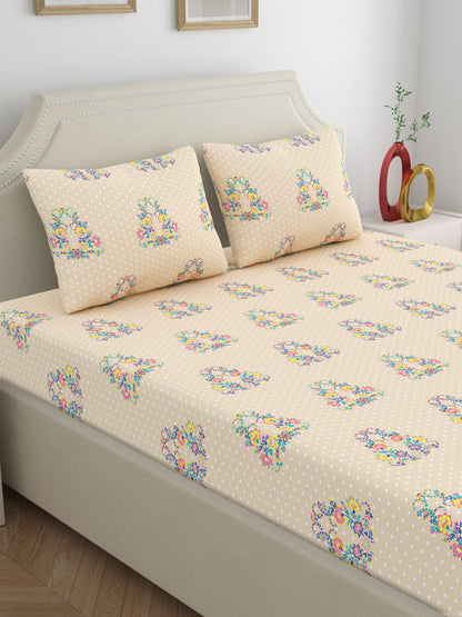 Dreamscape 100% Cotton 140 TC Ethnic Bedsheet Set - Colour: Beige