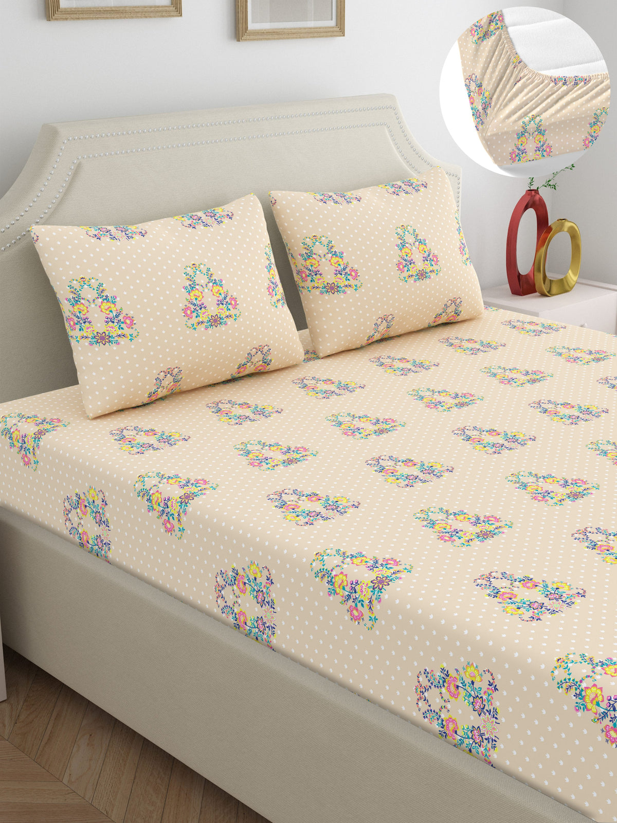 Dreamscape 100% Cotton 140 TC Ethnic Bedsheet Set - Colour: Beige