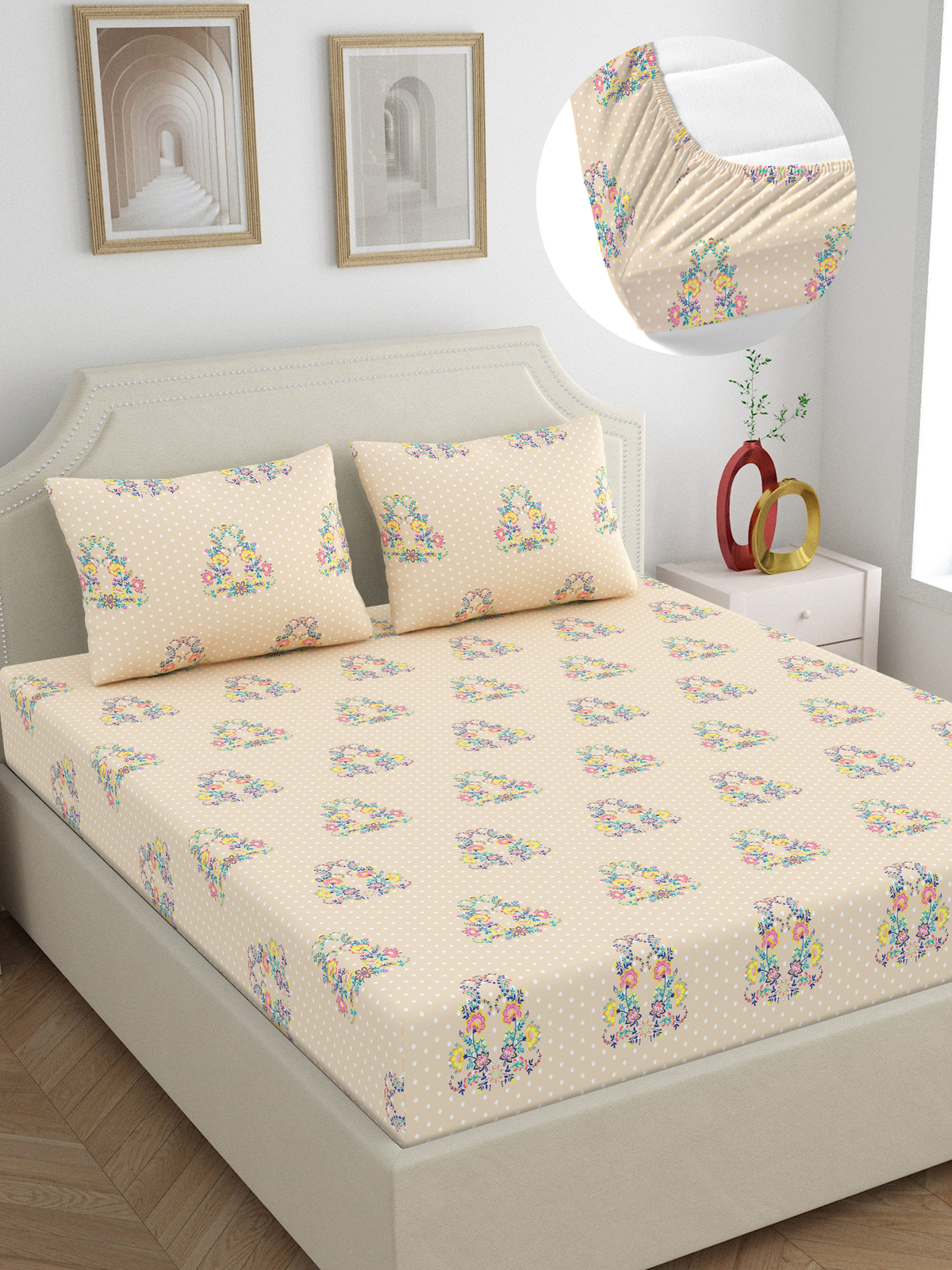 Dreamscape 100% Cotton 140 TC Ethnic Bedsheet Set - Colour: Beige