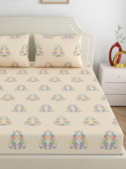 Dreamscape 100% Cotton 140 TC Ethnic Bedsheet Set - Colour: Beige