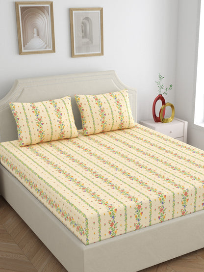 Dreamscape 100% Cotton 140 TC Floral Bedsheet Set - Colour: Beige